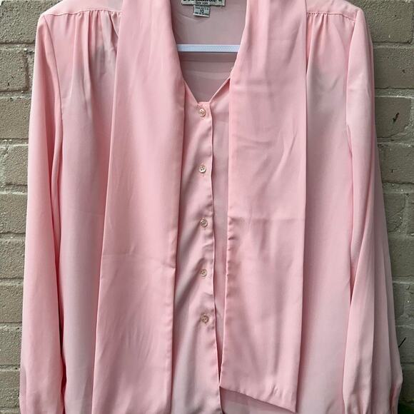 1980s M Baby Pink Bow Blouse Made in USA Light - Picture 2 of 7